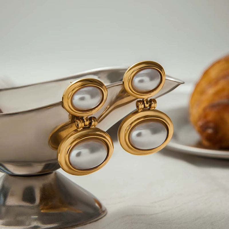 18kt Gold Plated Double Oval Pearl Earrings, Tamara