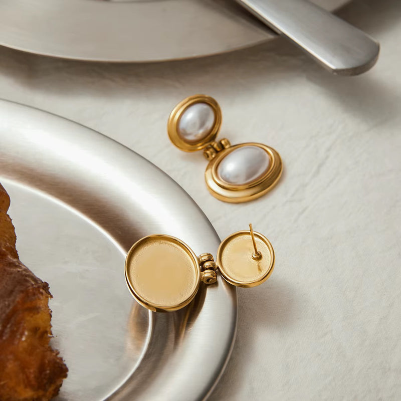 18kt Gold Plated Double Oval Pearl Earrings, Tamara