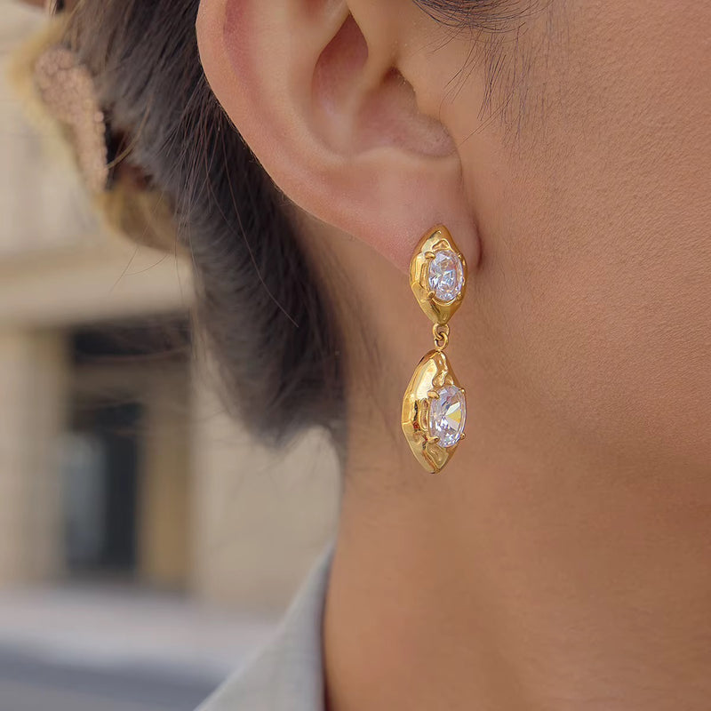 18kt Gold Plated Hammered Oval Crystal Drop Earrings, Dora