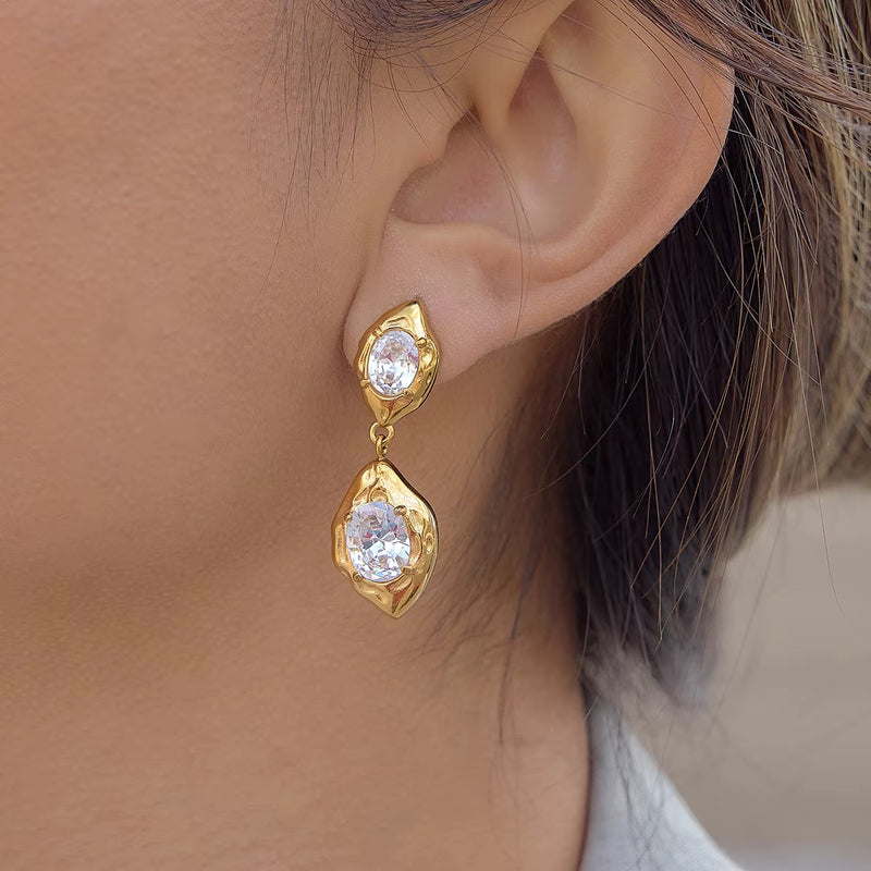 18kt Gold Plated Hammered Oval Crystal Drop Earrings, Dora