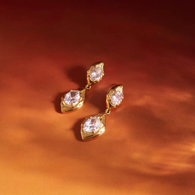 18kt Gold Plated Hammered Oval Crystal Drop Earrings, Dora
