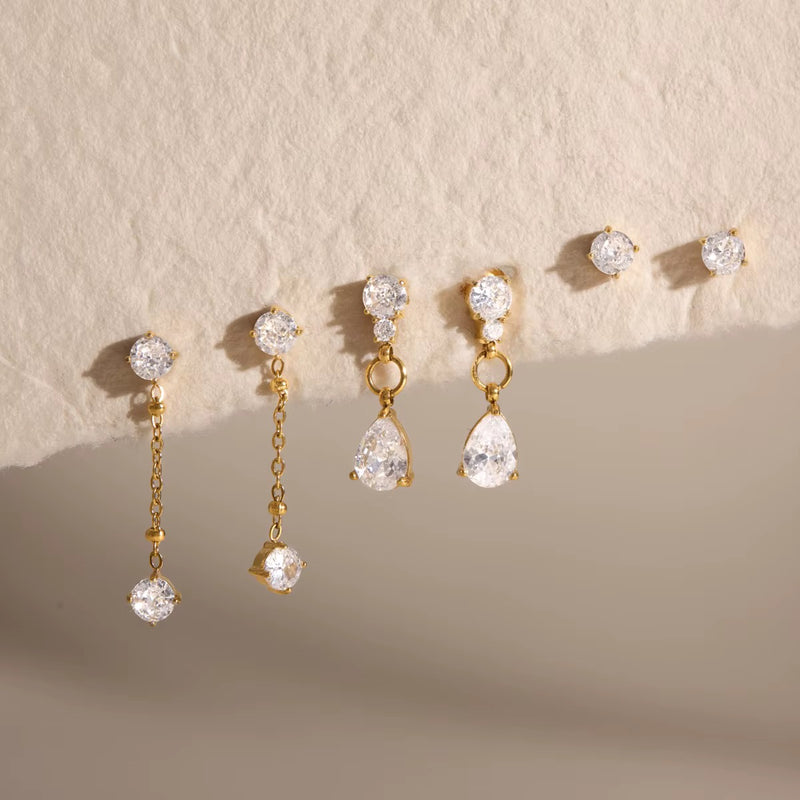 18kt Gold Plated Round and Pear Cut Zircon Set of Earrings, Savi