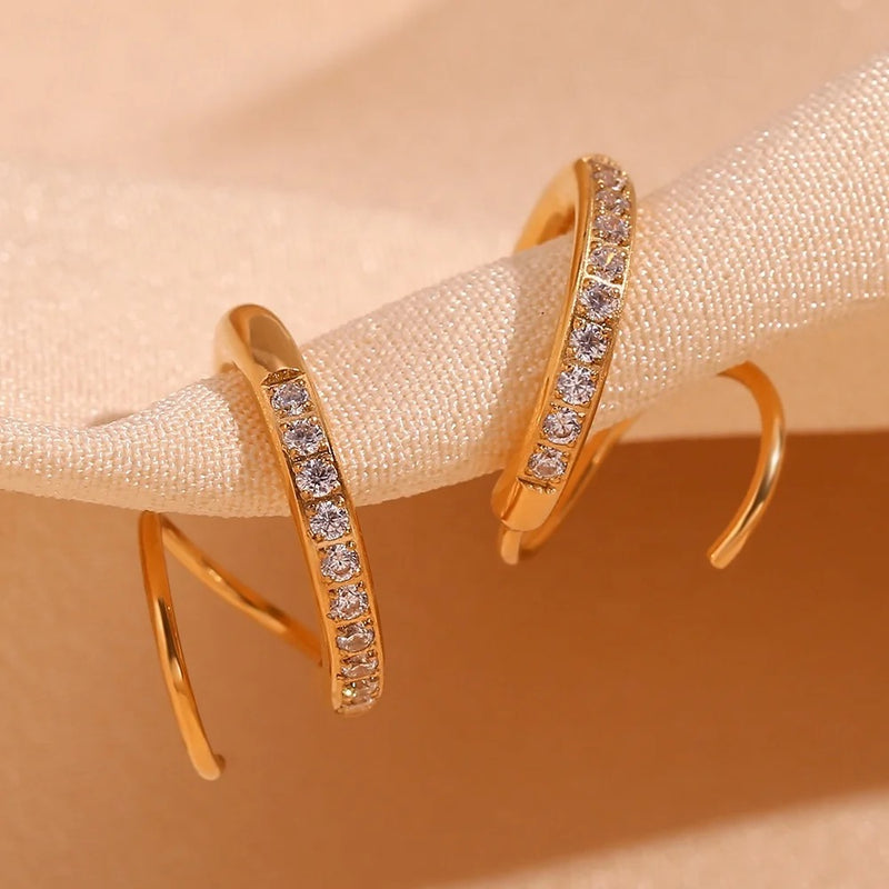 18kt Gold Plated Winding Illusion Diamond Studded Double Hoop Earrings, Chloe
