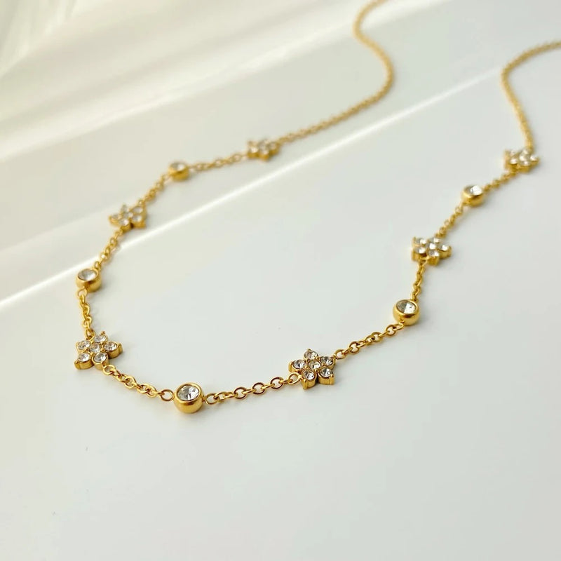 18kt Gold Plated Cubic Zirconia Flower Charm Choker Necklace, Myra (pre-order)