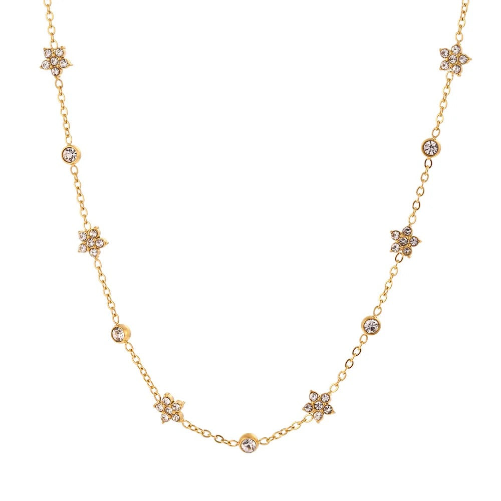 18kt Gold Plated Cubic Zirconia Flower Charm Choker Necklace, Myra