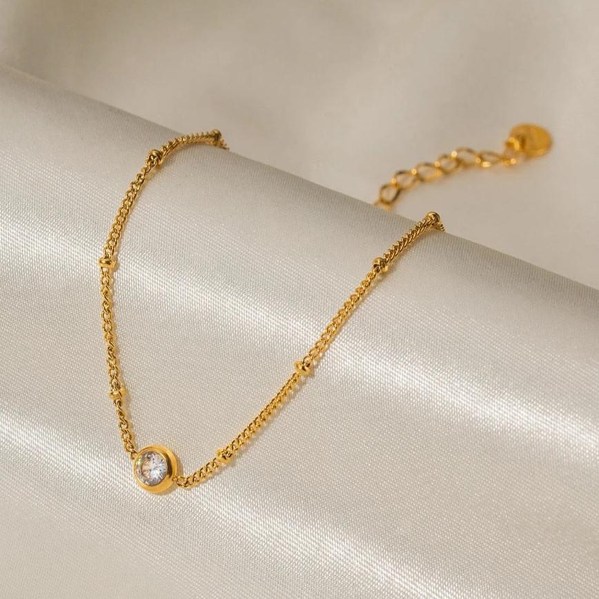 18kt Gold Plated Round Cubic Zirconia Rolo Chain Anklet, Daphne