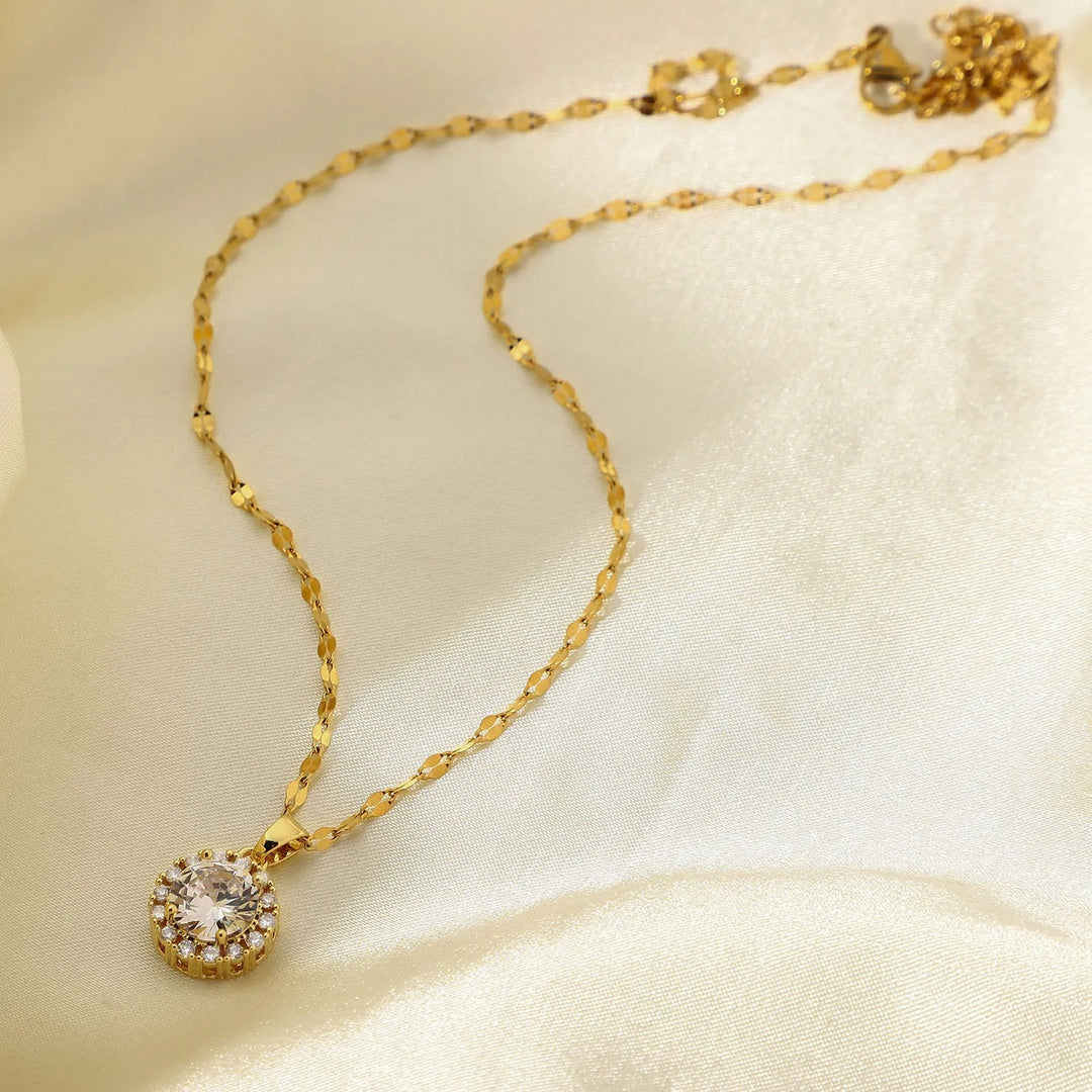 18kt Gold Plated Twisted Chain Round Zircon Pendant Necklace, Enid