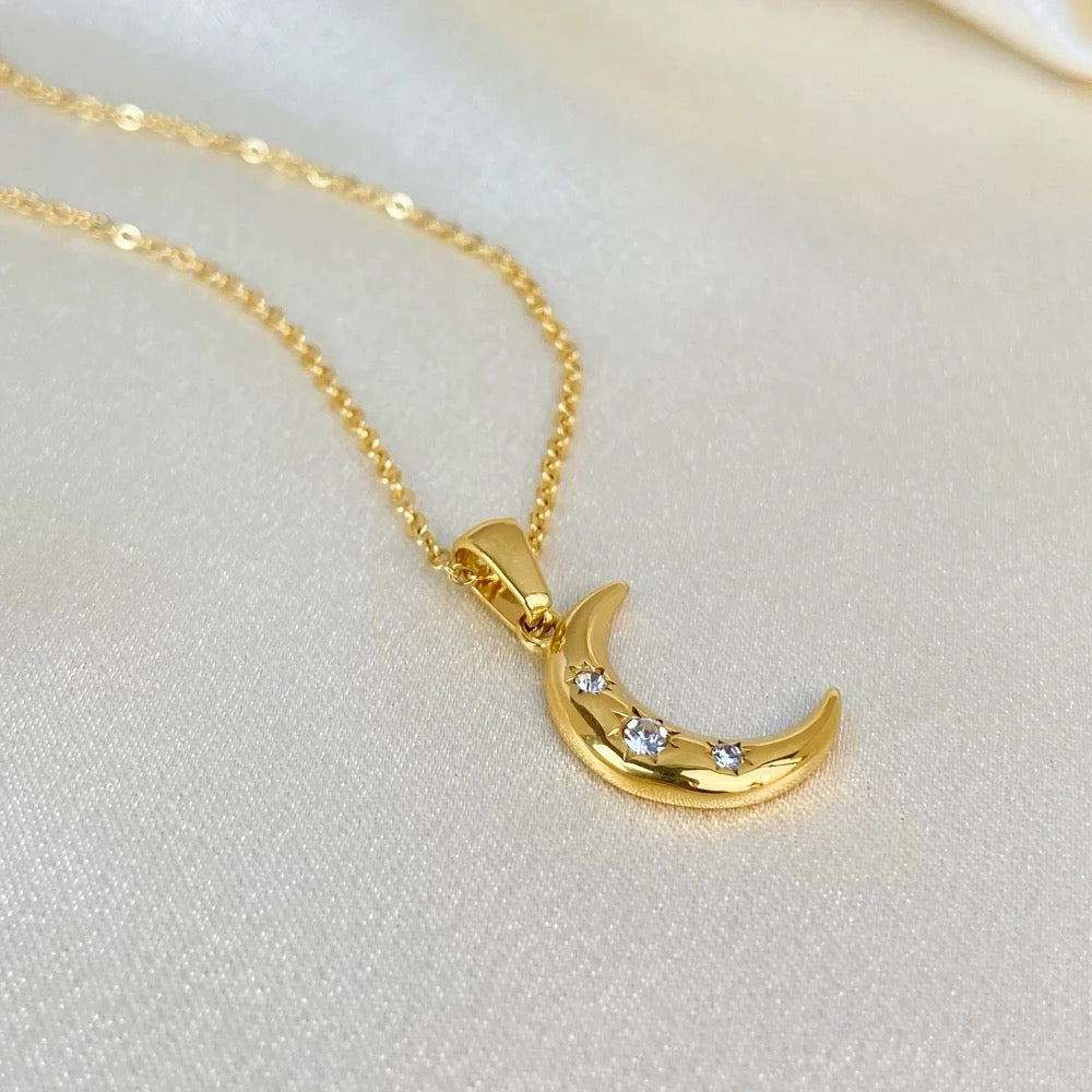 18kt Gold Plated Zircon Studded Moon Charm Pendant Necklace, Luna