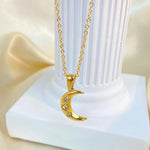 Load image into Gallery viewer, 18kt Gold Plated Zircon Studded Moon Charm Pendant Necklace, Luna
