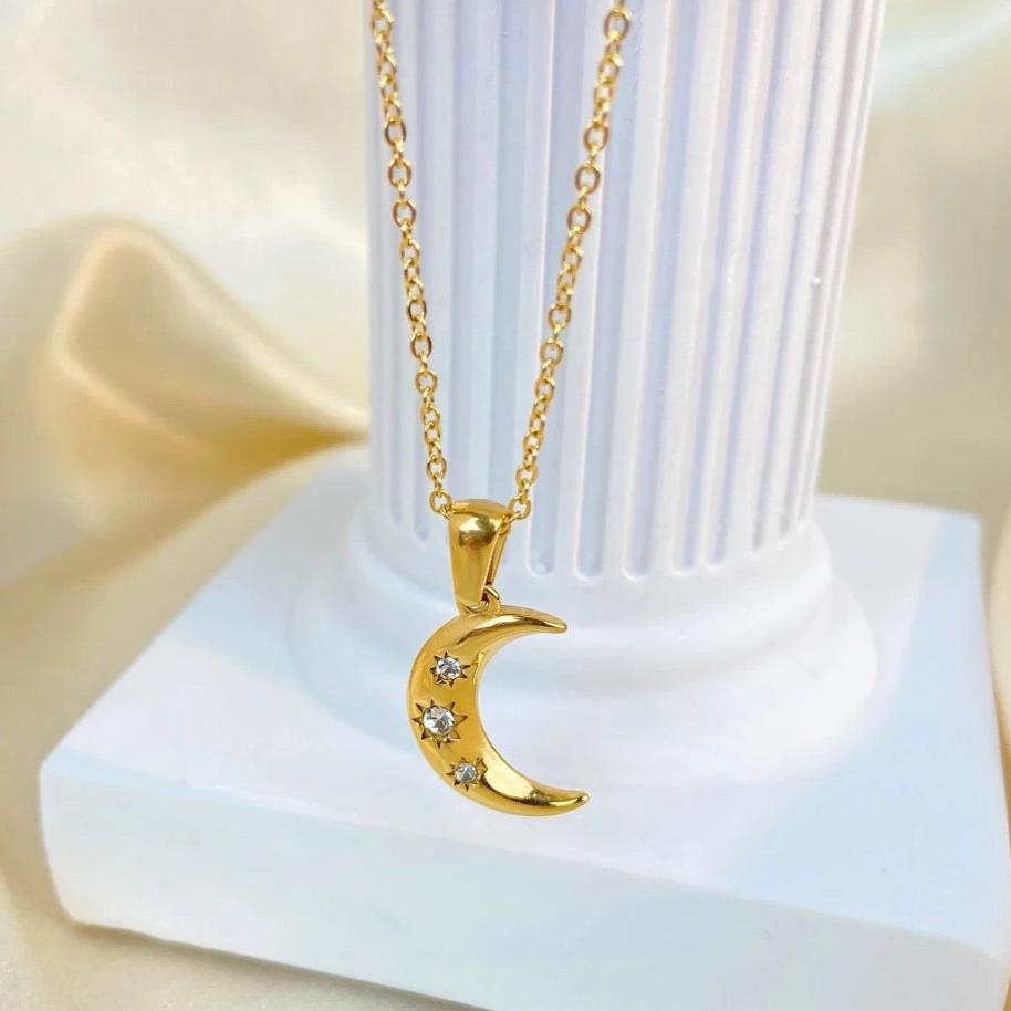 18kt Gold Plated Zircon Studded Moon Charm Pendant Necklace, Luna