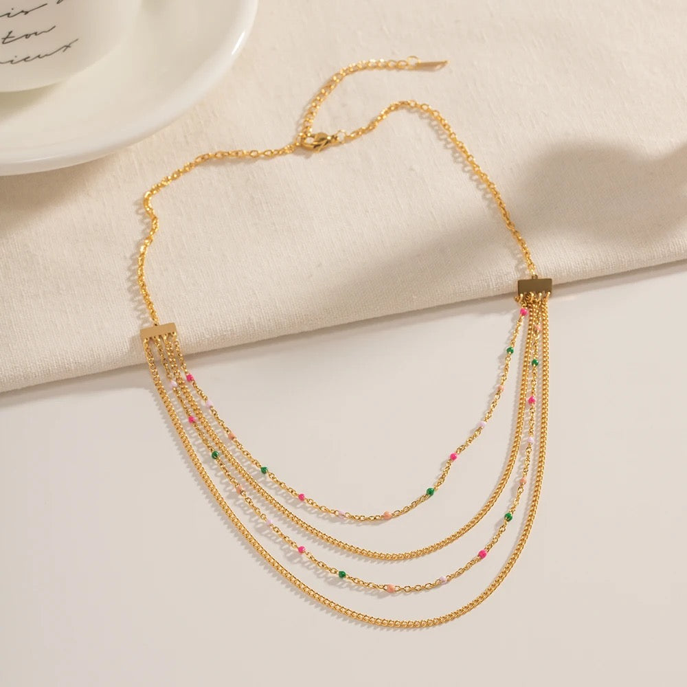 18kt Gold Plated Multilayered Beaded Bar Necklace, Myra - Inaya Accessories