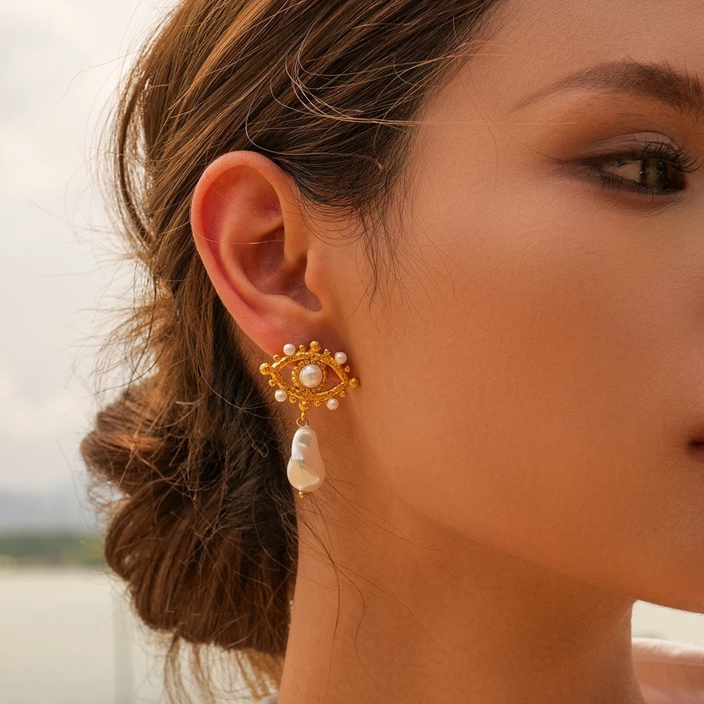 18kt Gold Plated Pearl Evil Eye Drop Earrings, Yara - Inaya Accessories