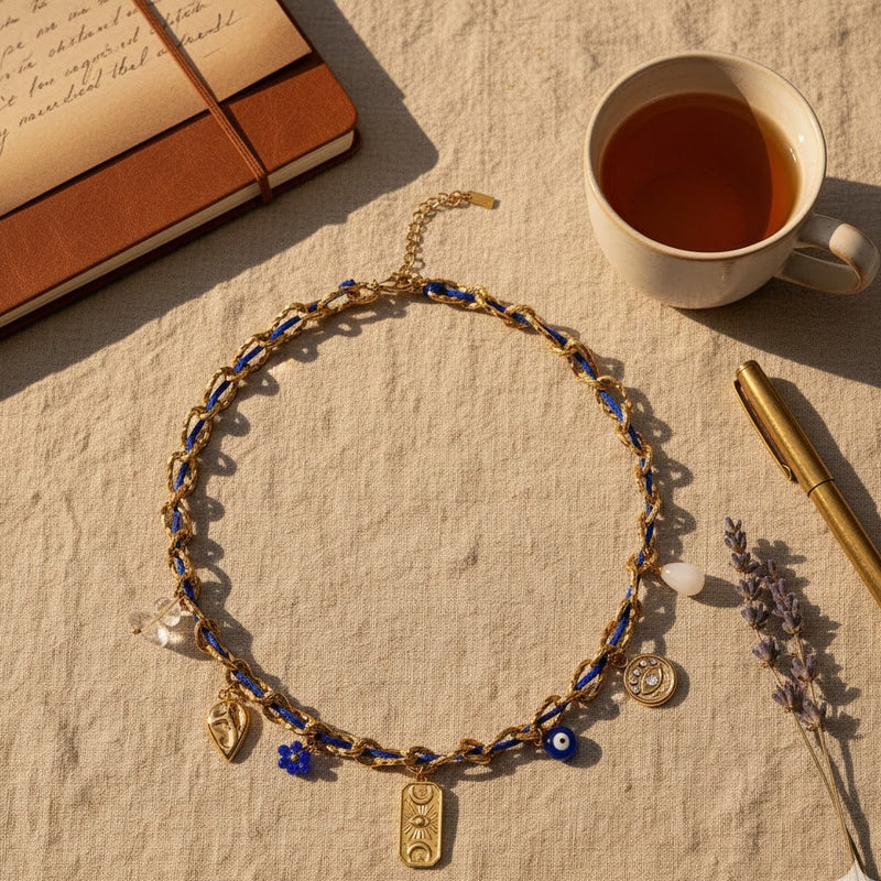 Inaya Modern Festive 18KT Gold Plated Cord Chain & Threaded Evil Eye Necklace, Nazar