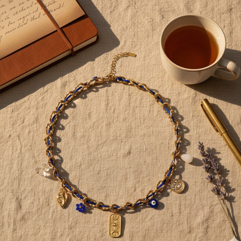 Inaya Modern Festive 18KT Gold Plated Cord Chain & Threaded Evil Eye Necklace, Nazar