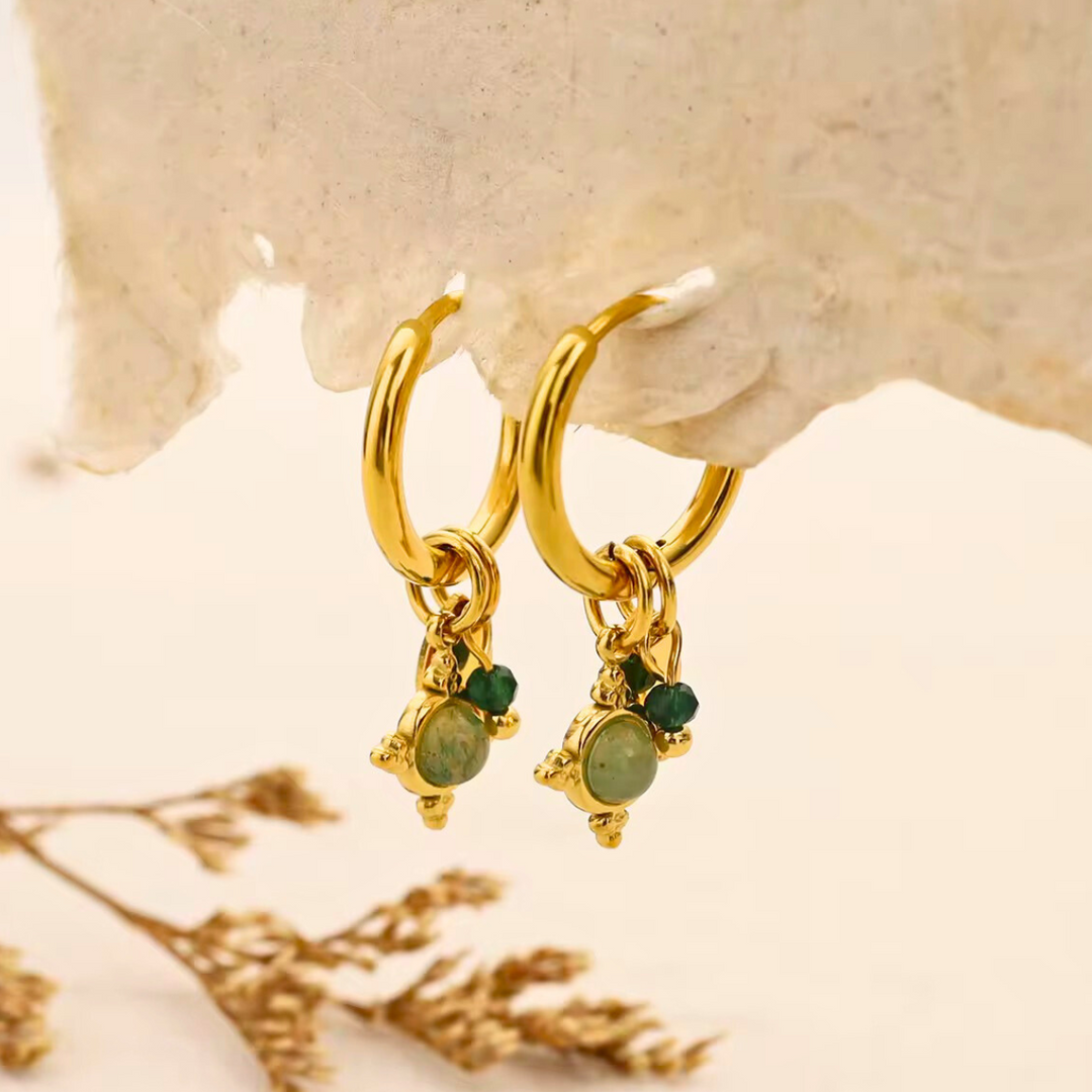 18kt Gold Plated Green Aventurien Stone and Crystal Earrings, Agate