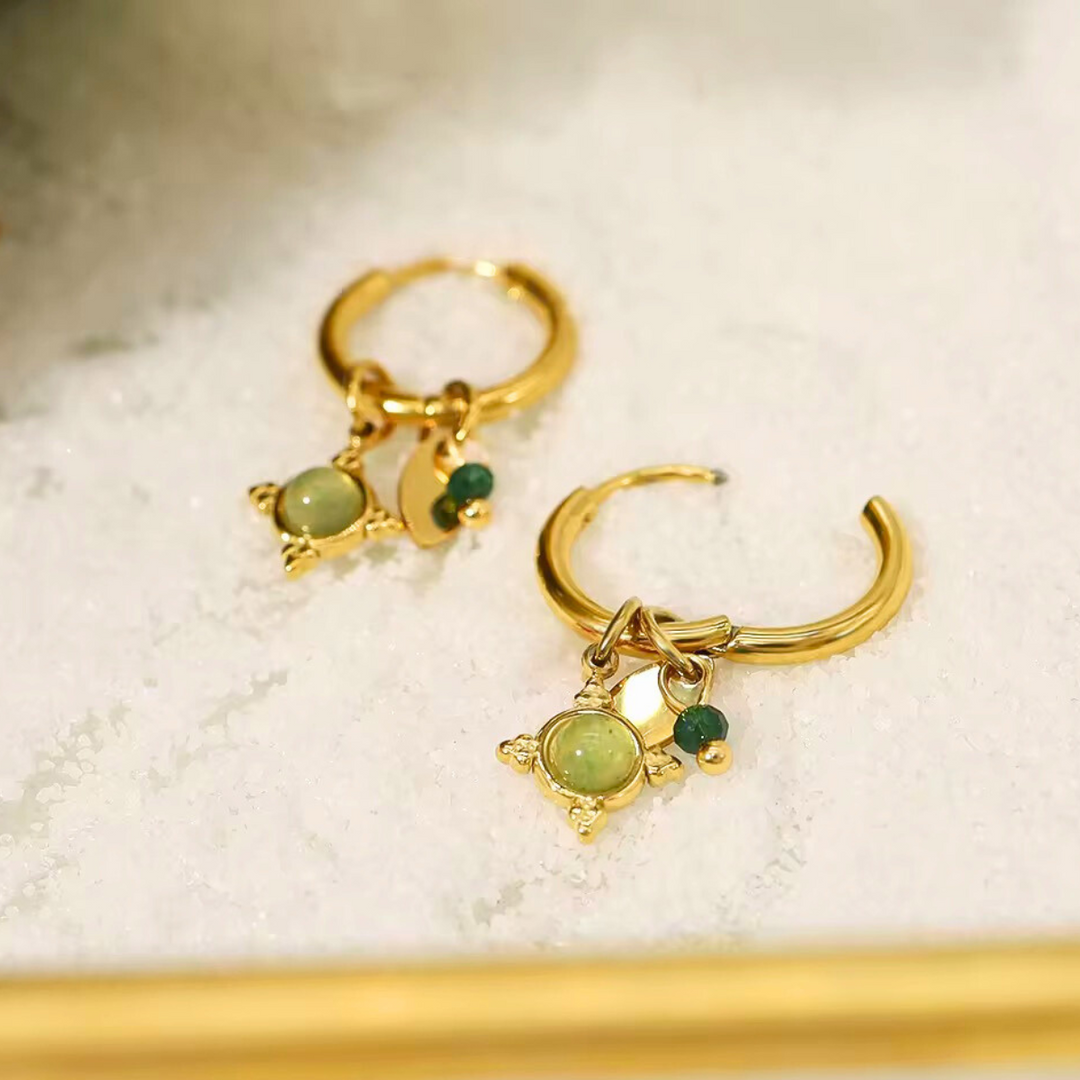 18kt Gold Plated Green Aventurien Stone and Crystal Earrings, Agate