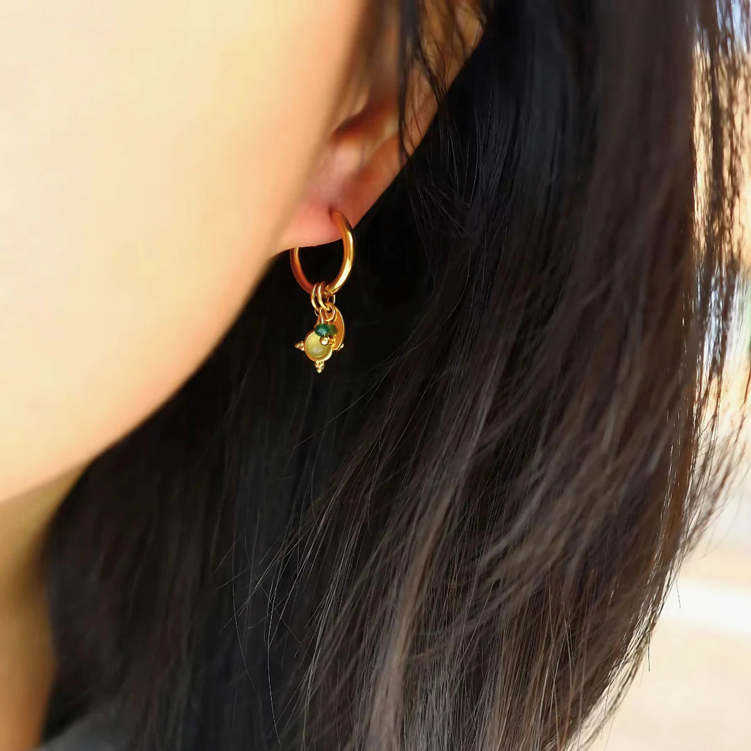 18kt Gold Plated Green Aventurien Stone and Crystal Earrings, Agate