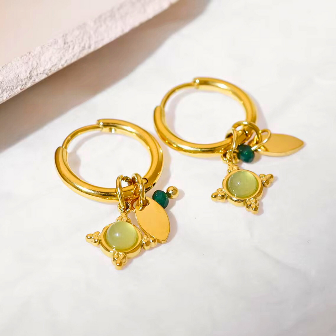18kt Gold Plated Green Aventurien Stone and Crystal Earrings, Agate