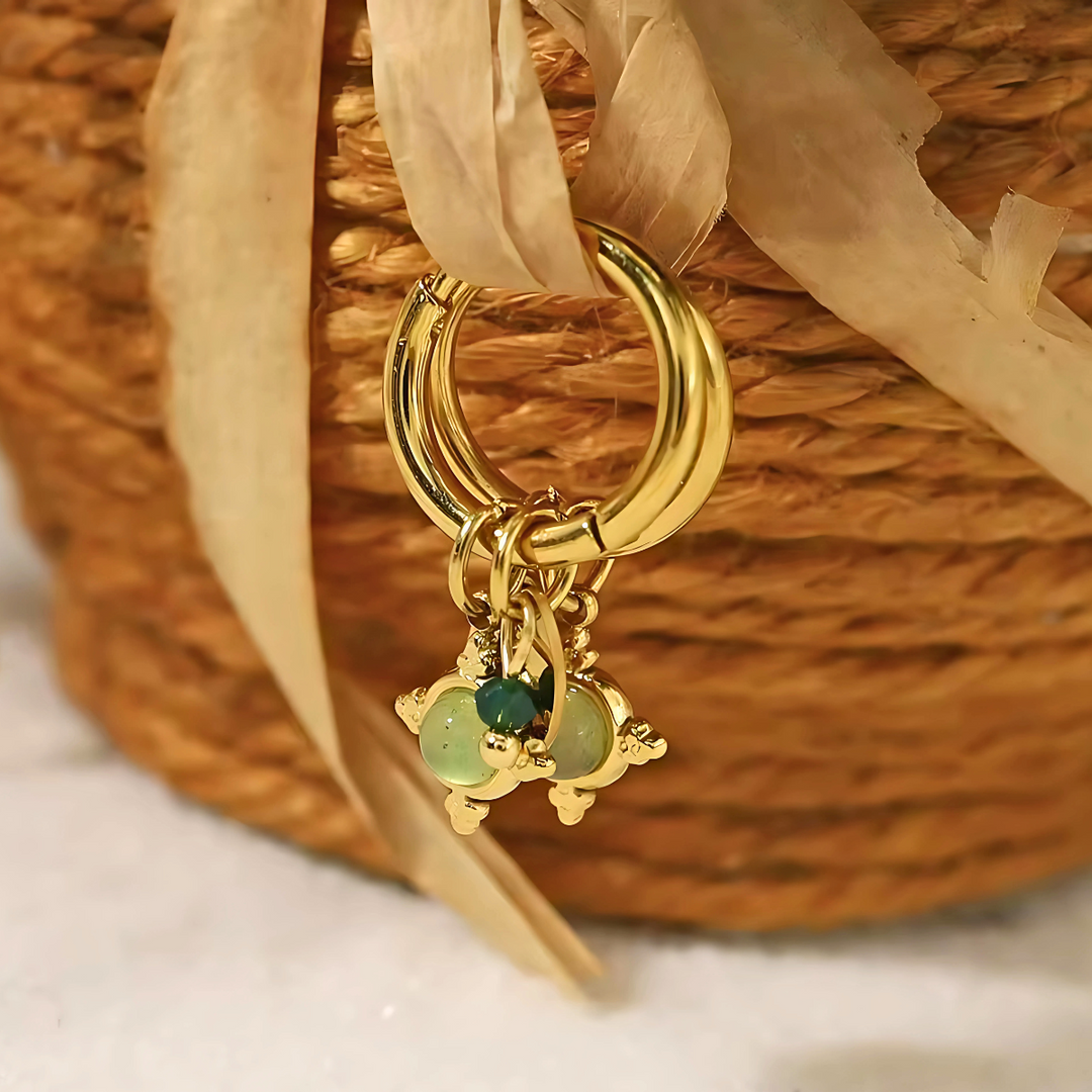 18kt Gold Plated Green Aventurien Stone and Crystal Earrings, Agate