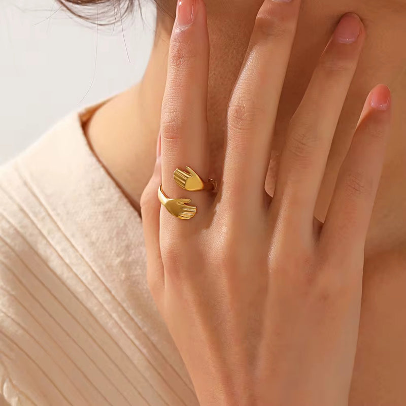 18KT Gold Plated Adjustable Hugging Hands Open Wrap Ring, Amara