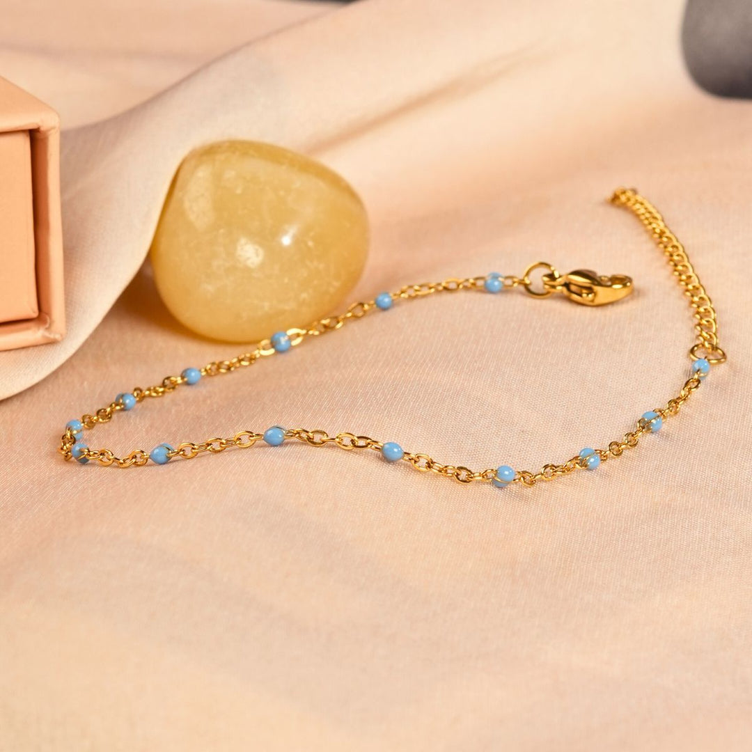 18 KT Gold Plated Stainless Steel Dainty Aqua Rolo Bead Bracelet, Aqua