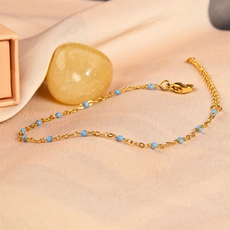 18kt Gold Plated Set of 2 Stainless Steel Dainty Green and Blue Rolo Bead Necklace & Bracelet, Indie & Aqua