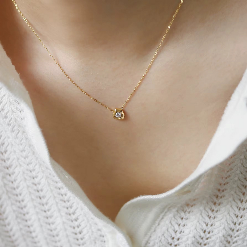 18KT Gold Plated Minimal Geometric Diamond Stainless Steel Waterproof Necklace, Aaria