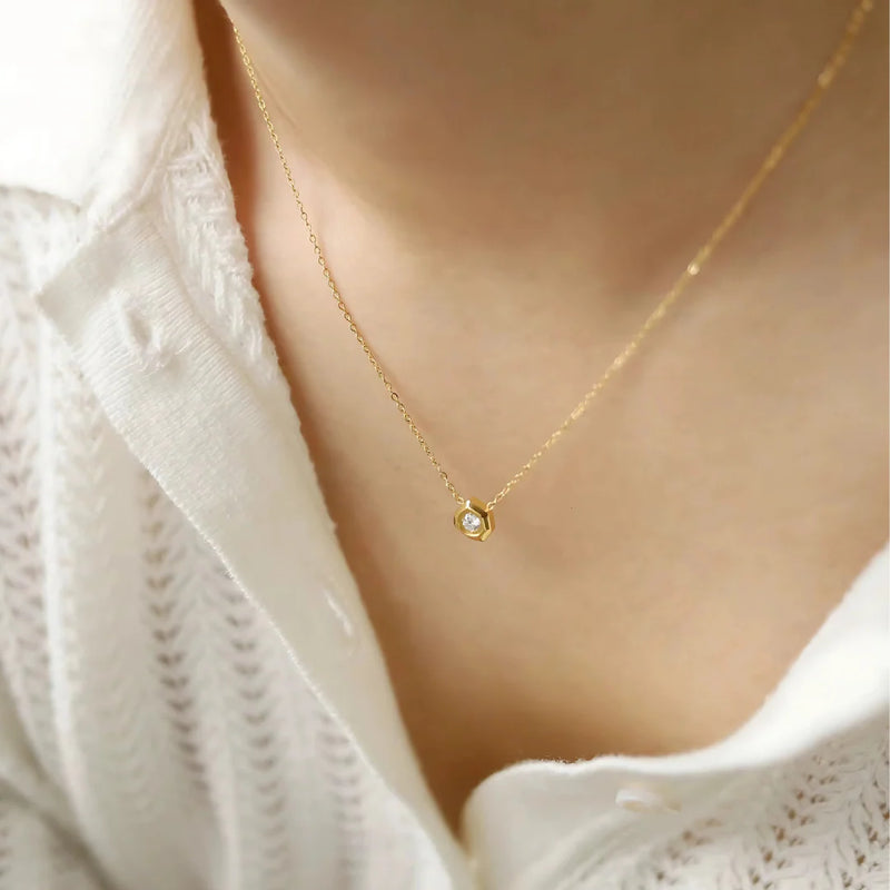 18KT Gold Plated Minimal Geometric Diamond Stainless Steel Waterproof Necklace, Aaria