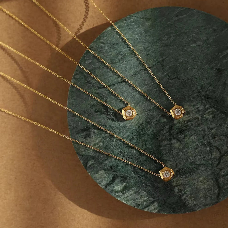 18KT Gold Plated Minimal Geometric Diamond Stainless Steel Waterproof Necklace, Aaria