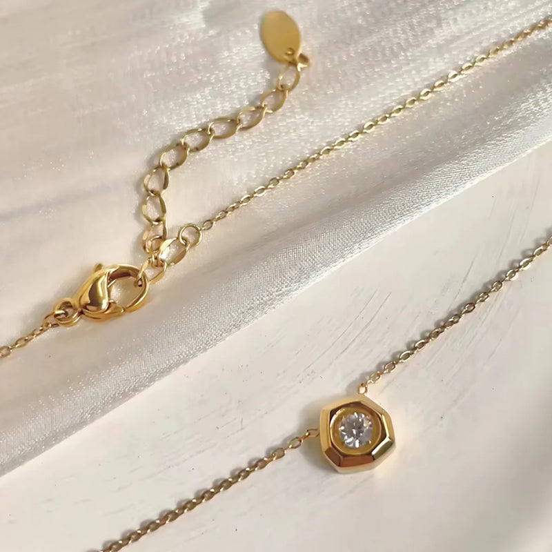 18KT Gold Plated Minimal Geometric Diamond Stainless Steel Waterproof Necklace, Aaria