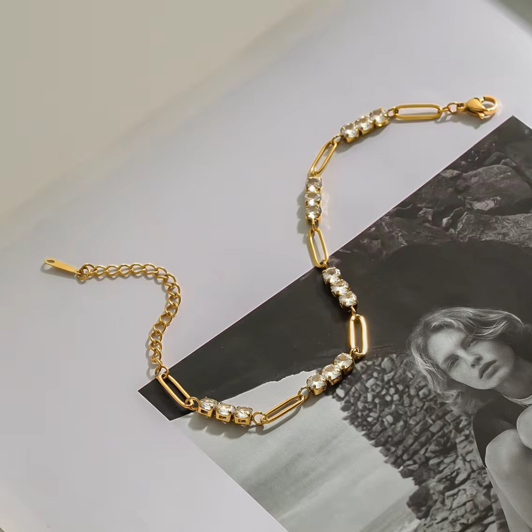 Inaya Modern Festive 18KT Gold Plated Vintage Paperclip & Round Zircon Tennis Bracelet, Ashi