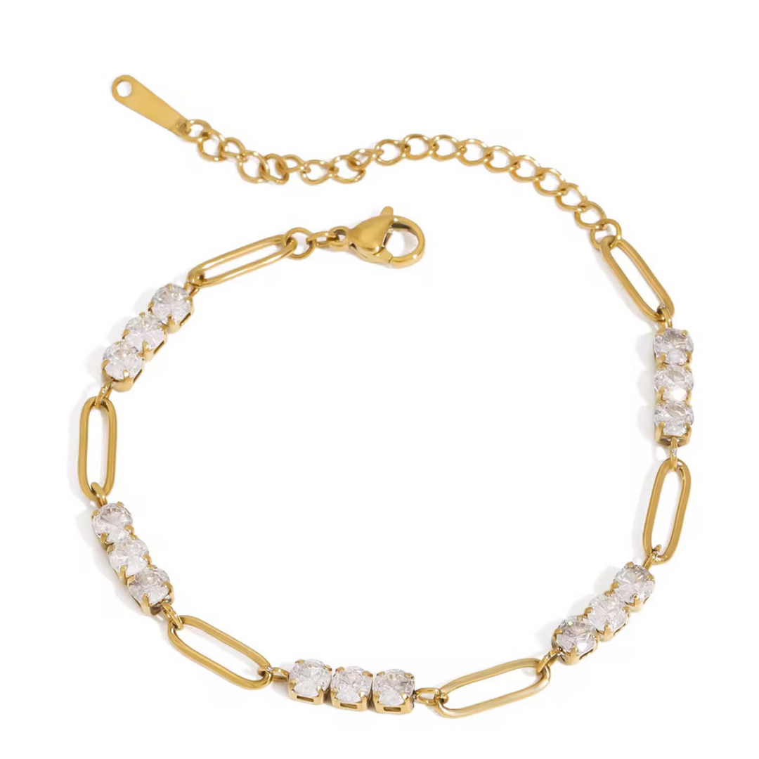 Inaya Modern Festive 18KT Gold Plated Vintage Paperclip & Round Zircon Tennis Bracelet, Ashi