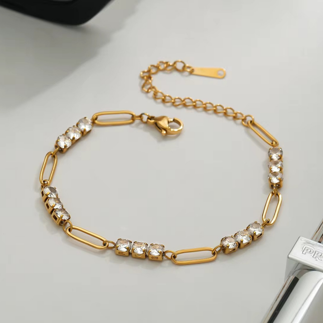 Inaya Modern Festive 18KT Gold Plated Vintage Paperclip & Round Zircon Tennis Bracelet, Ashi