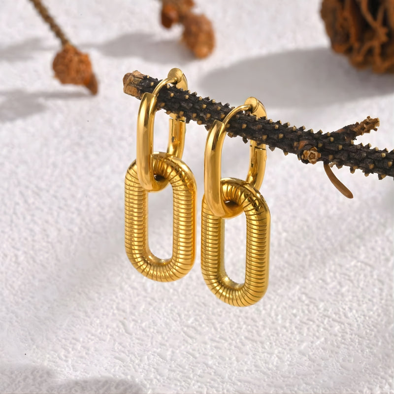 18KT Gold Plated Stainless Steel Detachable Ribbed Oval Link Dangle Earrings, Augusta