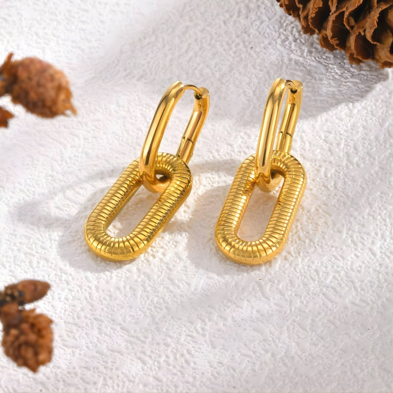 18KT Gold Plated Stainless Steel Detachable Ribbed Oval Link Dangle Earrings, Augusta