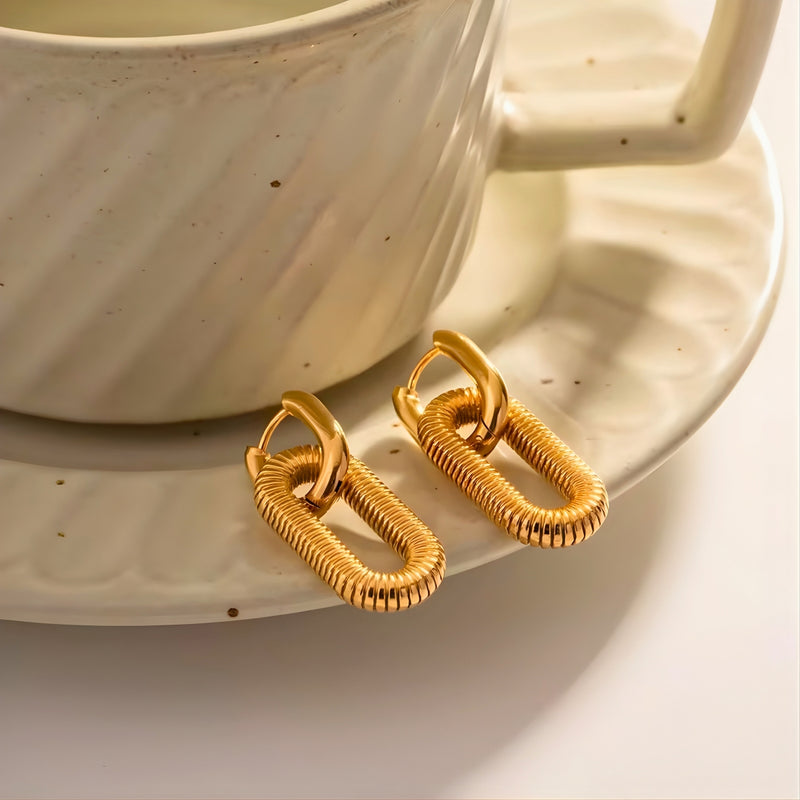 18KT Gold Plated Stainless Steel Detachable Ribbed Oval Link Dangle Earrings, Augusta