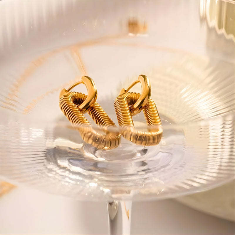 18KT Gold Plated Stainless Steel Detachable Ribbed Oval Link Dangle Earrings, Augusta