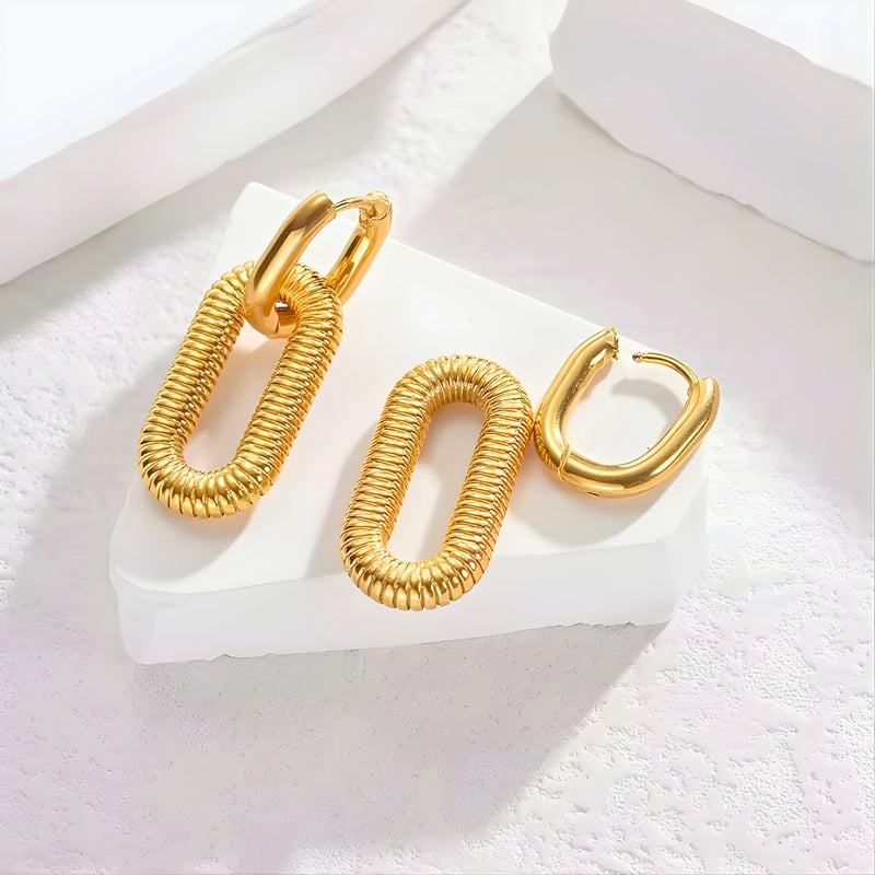 18KT Gold Plated Stainless Steel Detachable Ribbed Oval Link Dangle Earrings, Augusta