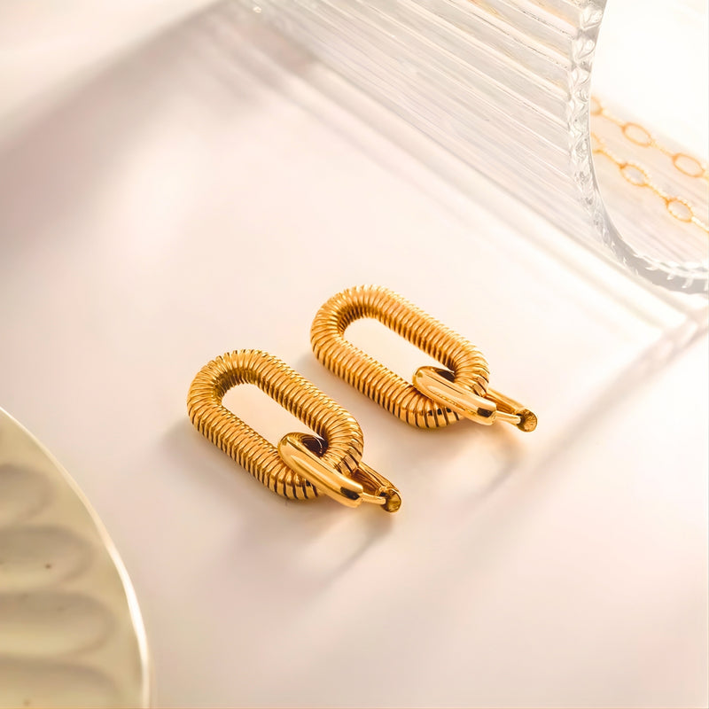 18KT Gold Plated Stainless Steel Detachable Ribbed Oval Link Dangle Earrings, Augusta