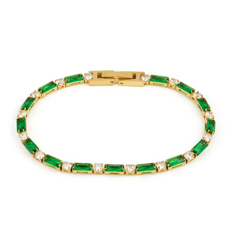 Inaya Modern Festive 18KT Gold Plated Emerald Green and White Zircon Tennis Clasp Bracelet, Avina