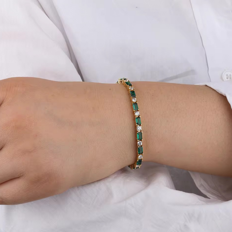 Inaya Modern Festive 18KT Gold Plated Emerald Green and White Zircon Tennis Clasp Bracelet, Avina
