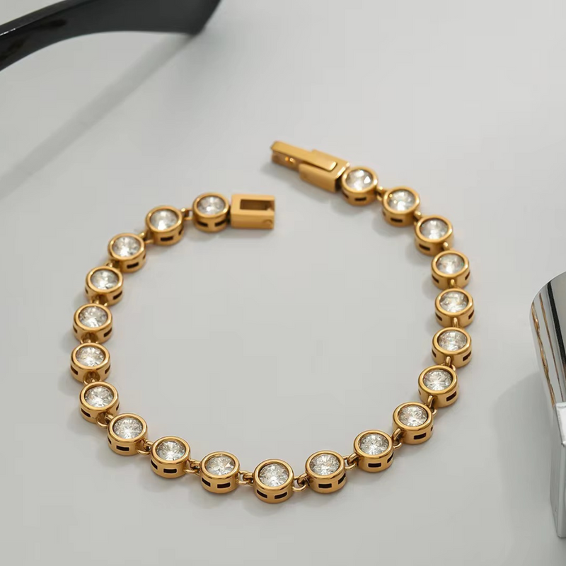 Inaya Modern Festive 18KT Gold Plated Vintage Round Bezel Zircon Tennis Bracelet, Avi