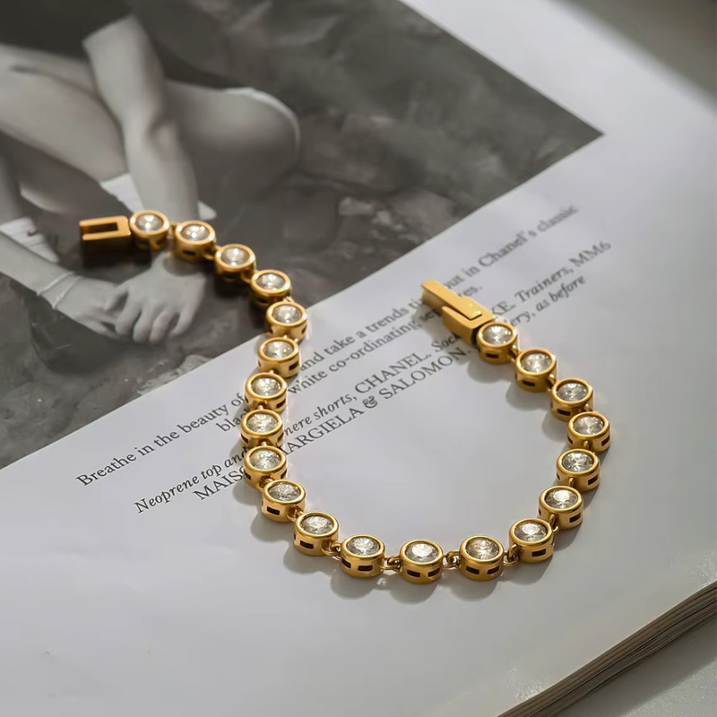 Inaya Modern Festive 18KT Gold Plated Vintage Round Bezel Zircon Tennis Bracelet, Avi