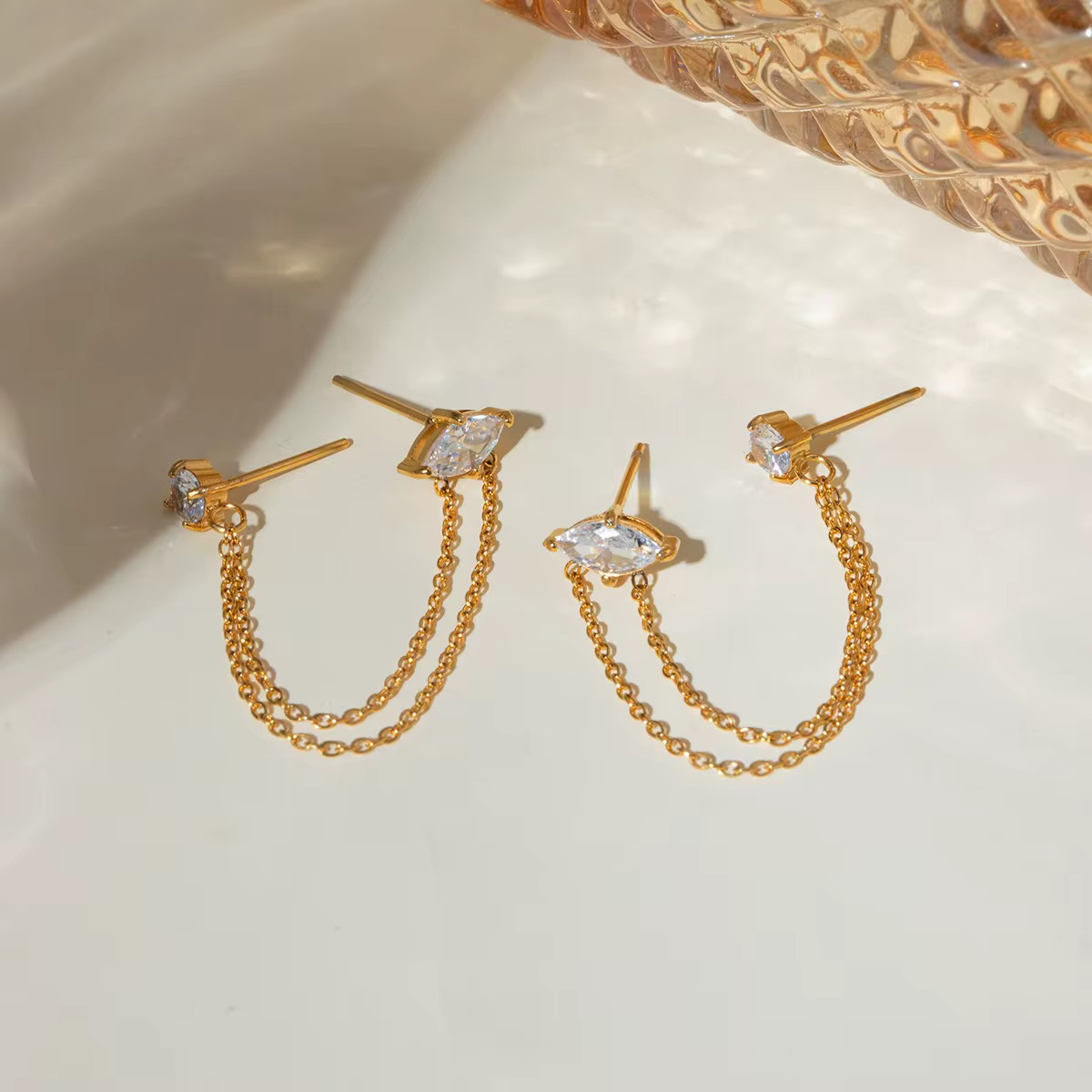 18kt gold plated double piercing diamond and square stainless steel waterproof earrings, bijou
