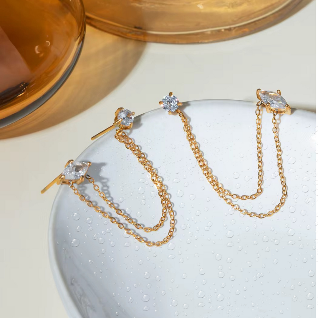 18KT Gold Plated Double Piercing Diamond and Square Stainless Steel Waterproof Earrings, Bijou