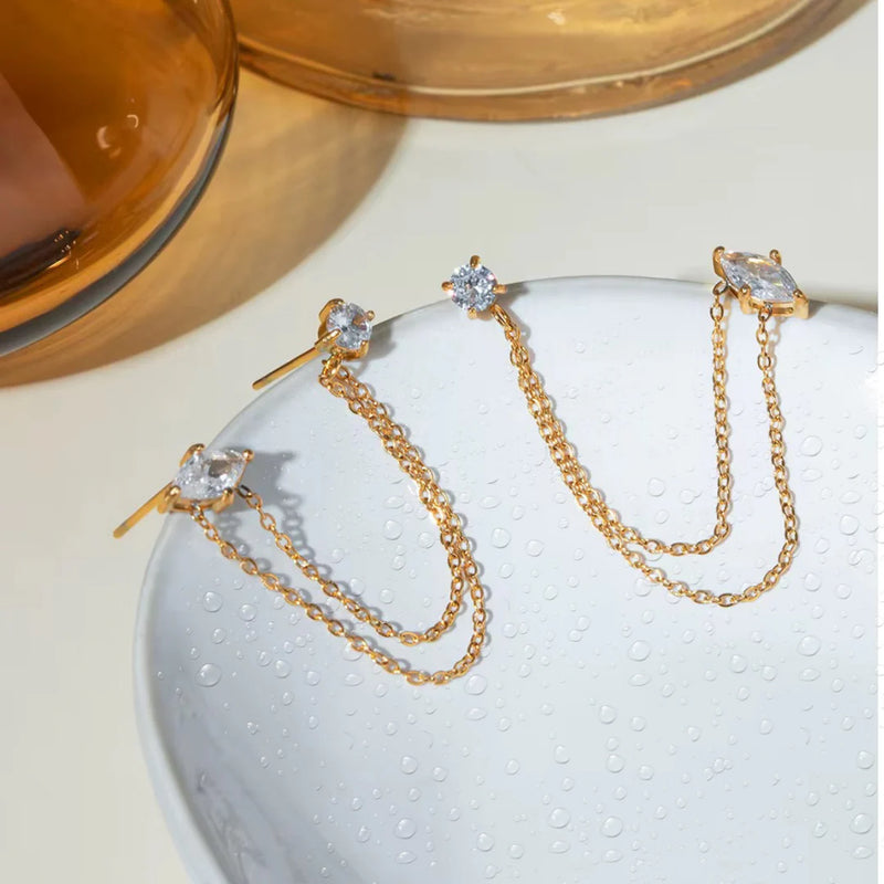 18KT Gold Plated Double Piercing Diamond and Square Stainless Steel Waterproof Earrings, Bijou