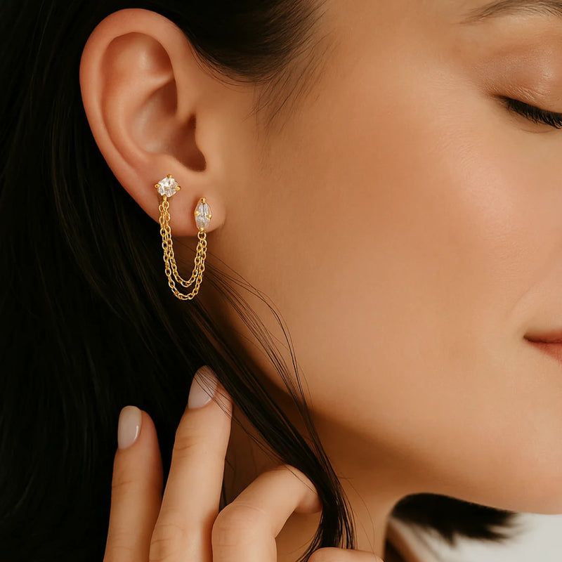 18KT Gold Plated Double Piercing Diamond and Square Stainless Steel Waterproof Earrings, Bijou