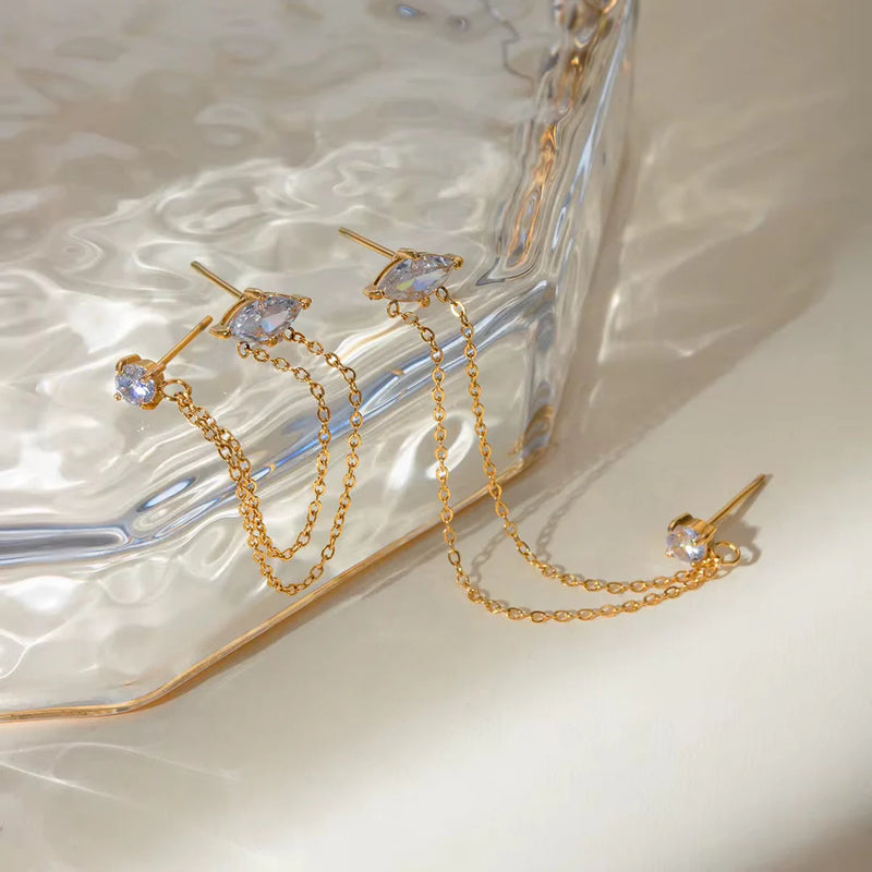 18KT Gold Plated Double Piercing Diamond and Square Stainless Steel Waterproof Earrings, Bijou