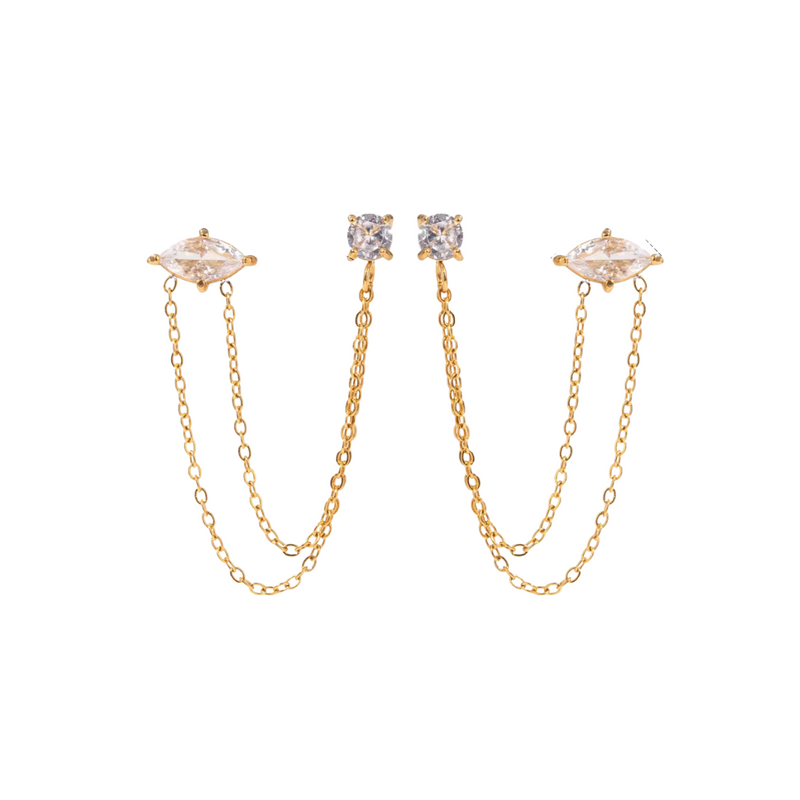 18KT Gold Plated Double Piercing Diamond and Square Stainless Steel Waterproof Earrings, Bijou