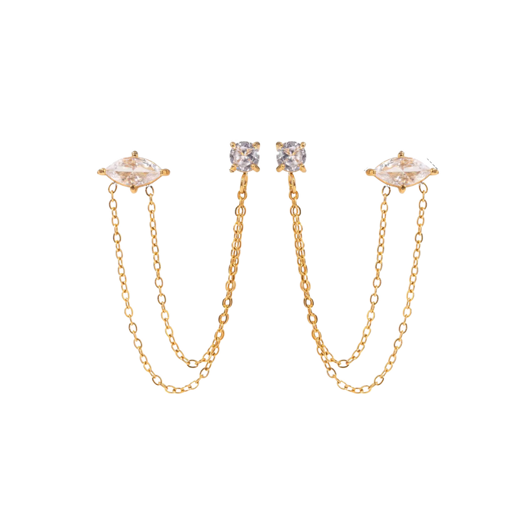 18KT Gold Plated Double Piercing Diamond and Square Stainless Steel Waterproof Earrings, Bijou